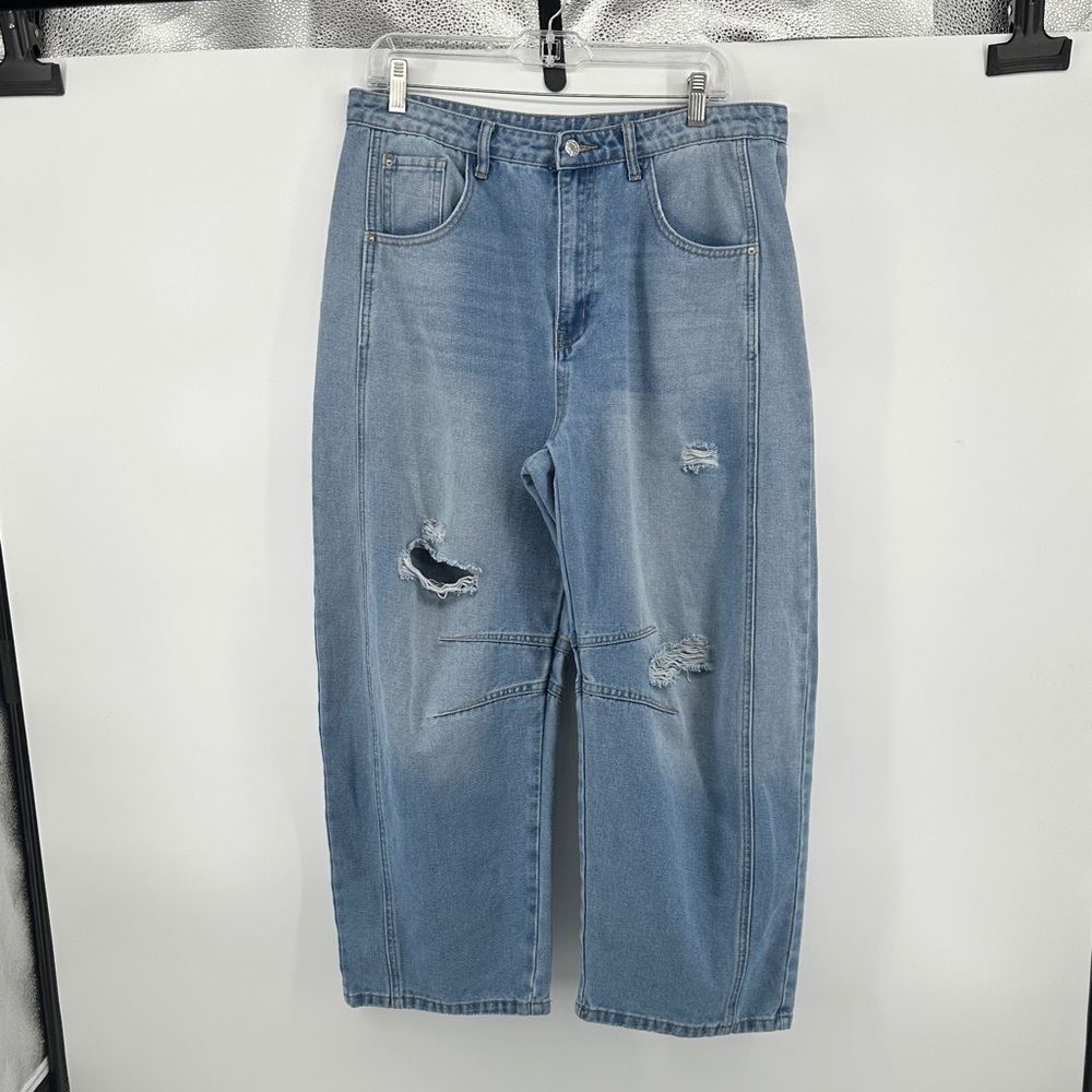 Y2K Grunge Hiphop Barrel Boyfriend Blue Distressed Jeans Sz12